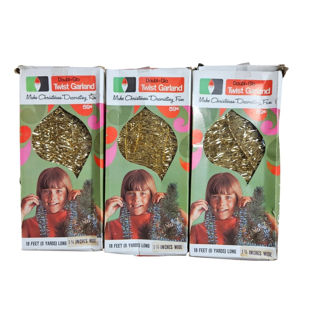 Lot of 3 Vintage Double Glo Christmas Gold Twist Tinsel Garland 18 Ft Retro NIB